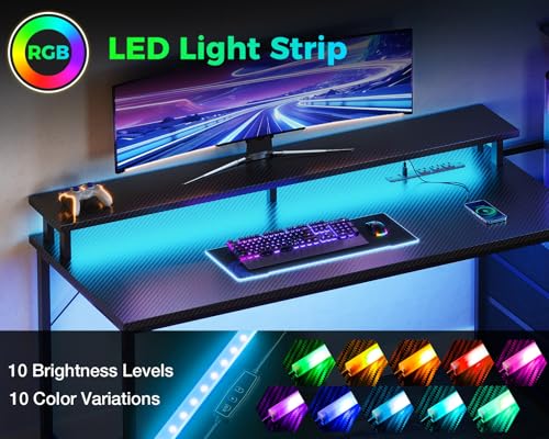 RGB Gaming Desk with USB Charging and Storage Shelves
