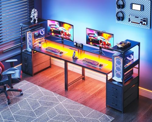RGB Gaming Desk with USB Charging and Storage Shelves