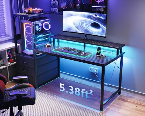 RGB Gaming Desk with USB Charging and Storage Shelves