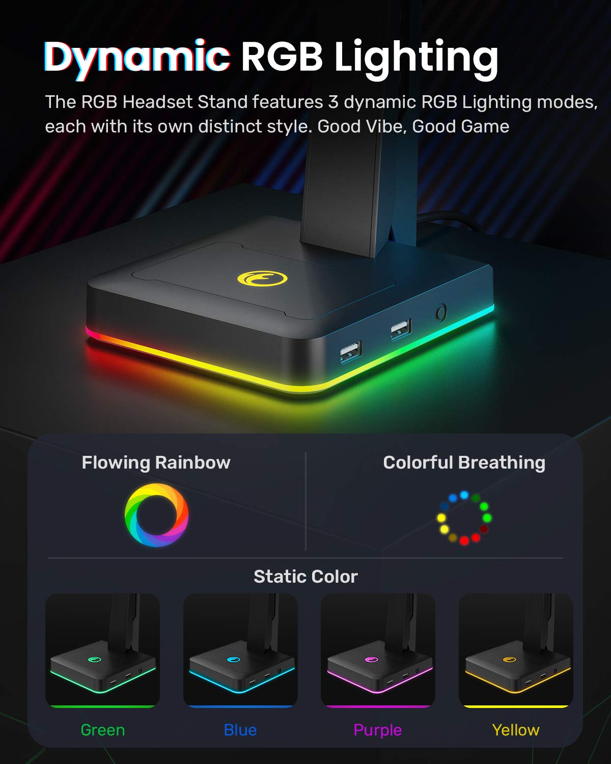 RGB Gaming Headset Stand with USB Ports and Headphone Holder