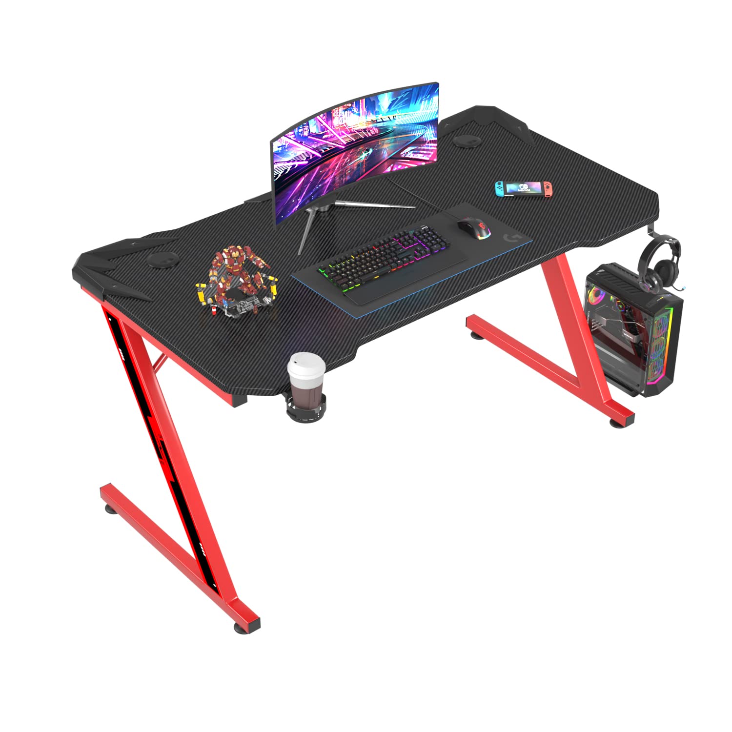 Carbon Fiber Gaming Desk with Cup Holder and Headphone Hook