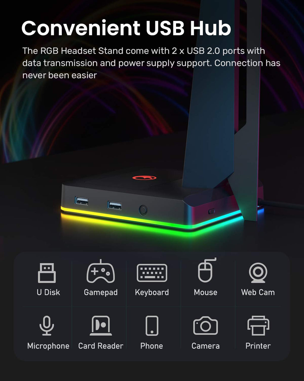 RGB Gaming Headset Stand with USB Ports and Headphone Holder