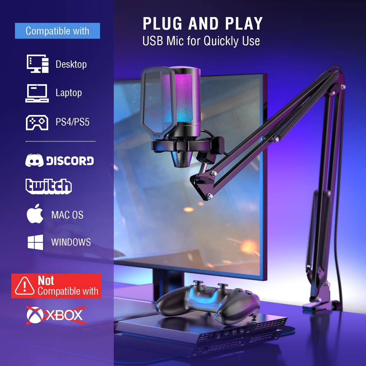 USB Condenser Gaming Microphone with Boom Arm and Pop Filter