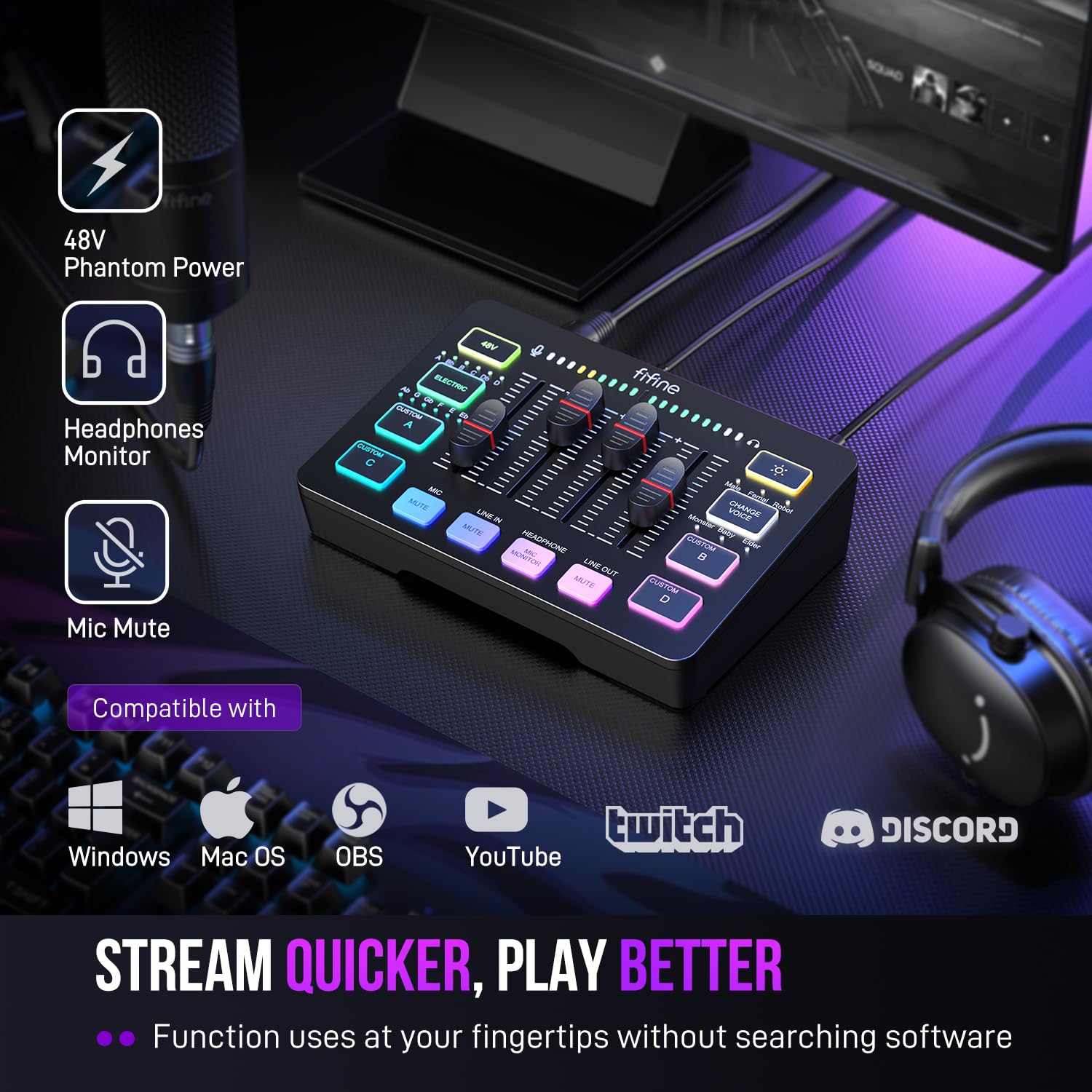 RGB Gaming Audio Mixer with XLR Interface and Voice Controls