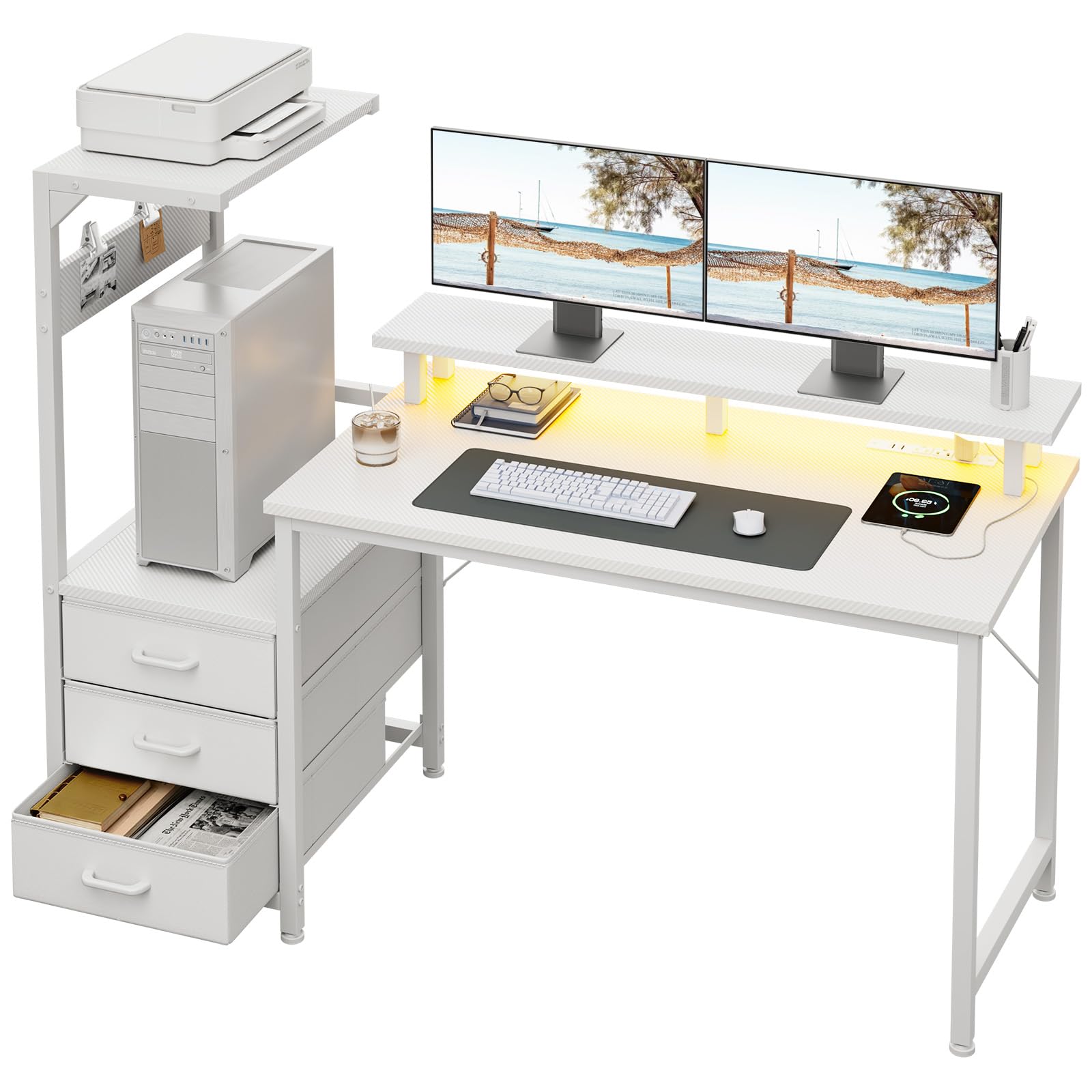 RGB Gaming Desk with USB Charging and Storage Shelves