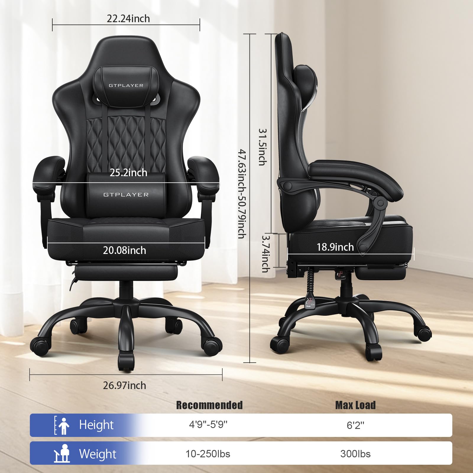 Big and Tall Gaming Chair with Footrest and Ergonomic Support