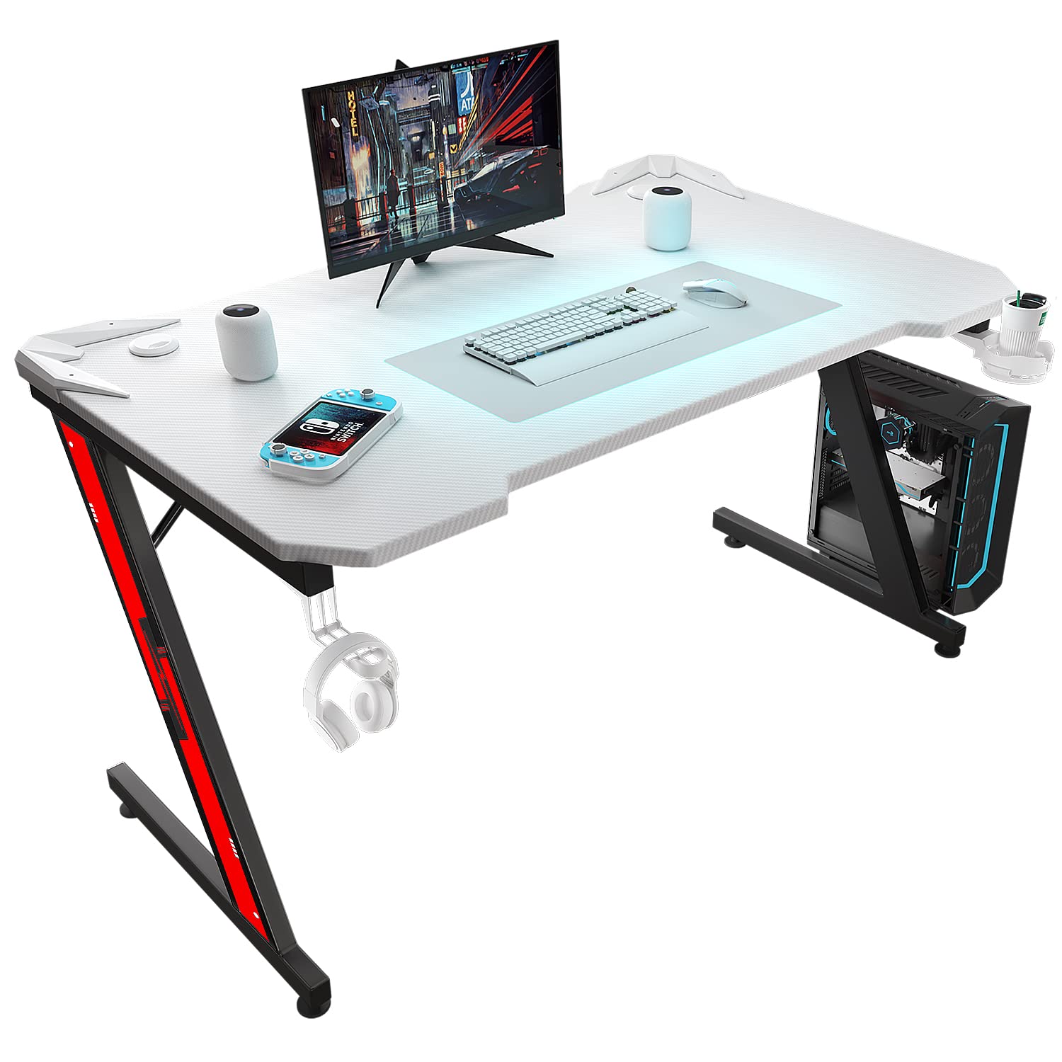 Carbon Fiber Gaming Desk with Cup Holder and Headphone Hook