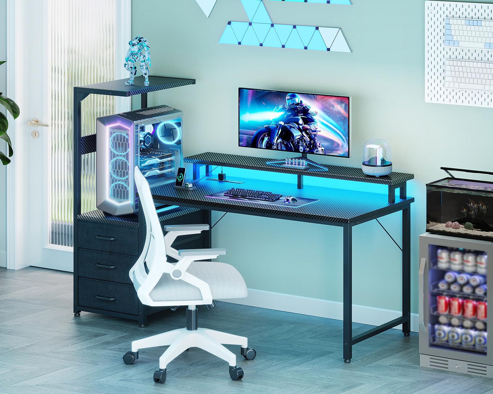 Casaottima H Shaped Gaming Desk with 3 Drawers and LED Lights