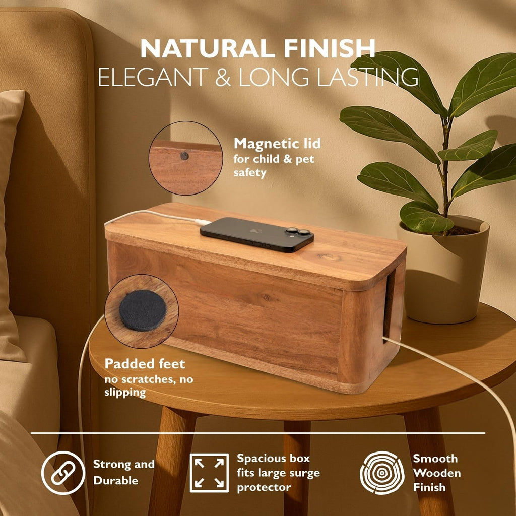 Wood Cable Management Box with Desk Wire Organizer