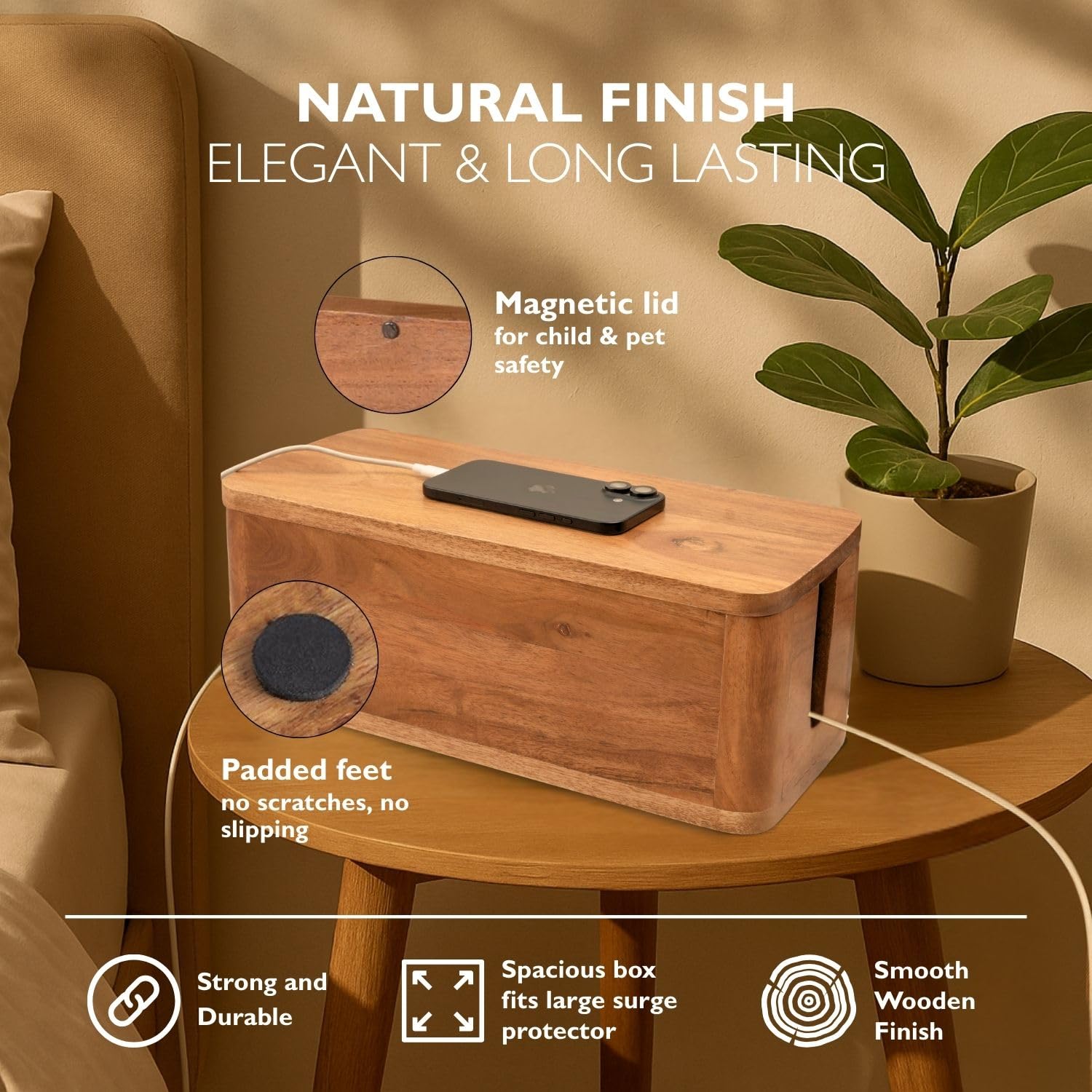 Wood Cable Management Box with Desk Wire Organizer