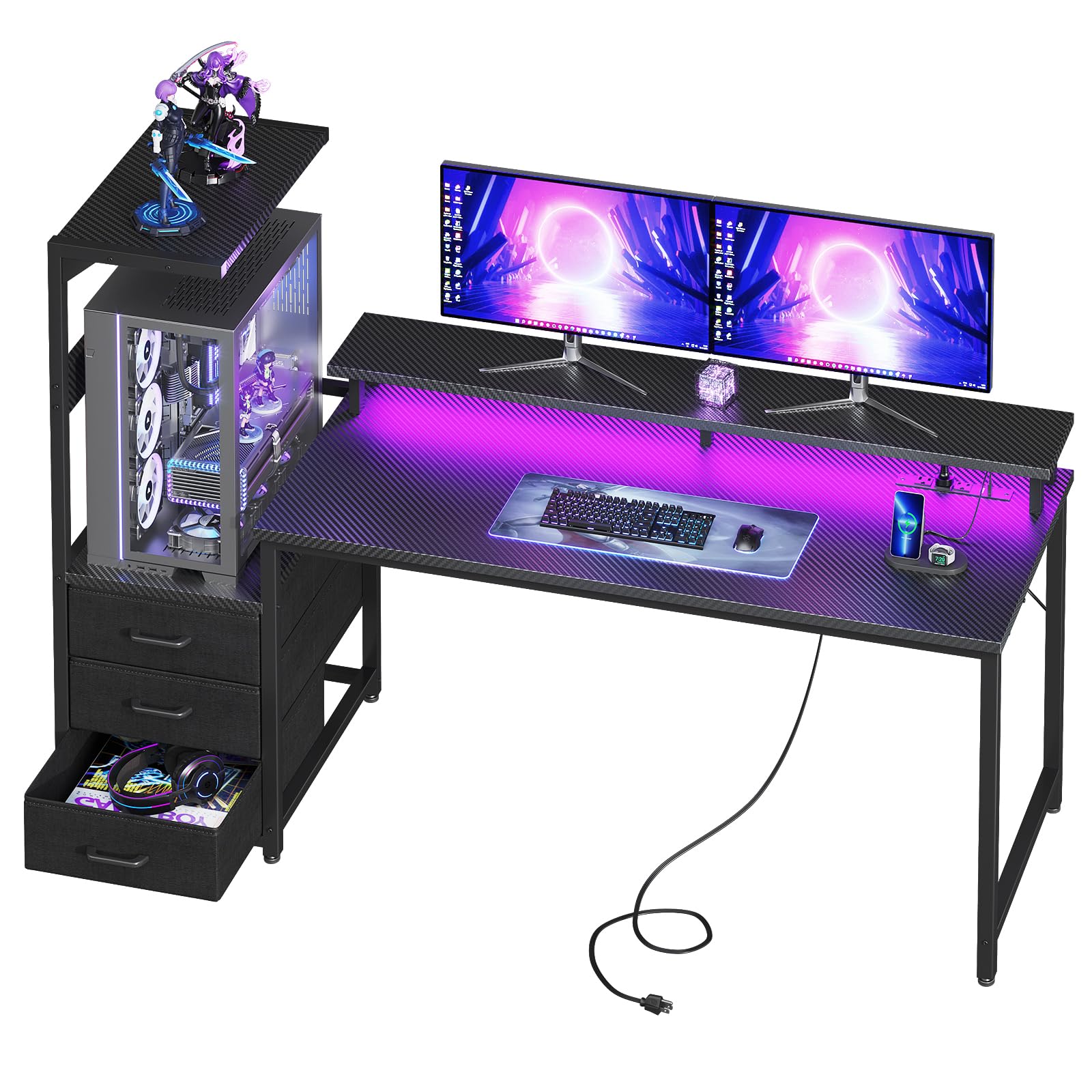 RGB Gaming Desk with USB Charging and Storage Shelves