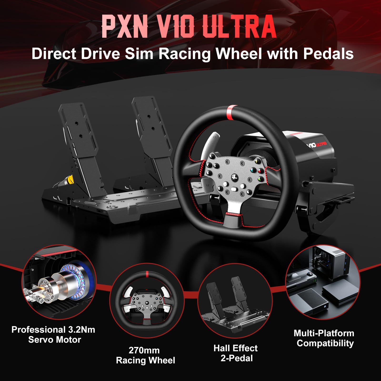 PXN V10 Ultra Direct Drive Racing Wheel, 3.2Nm Force Feedback