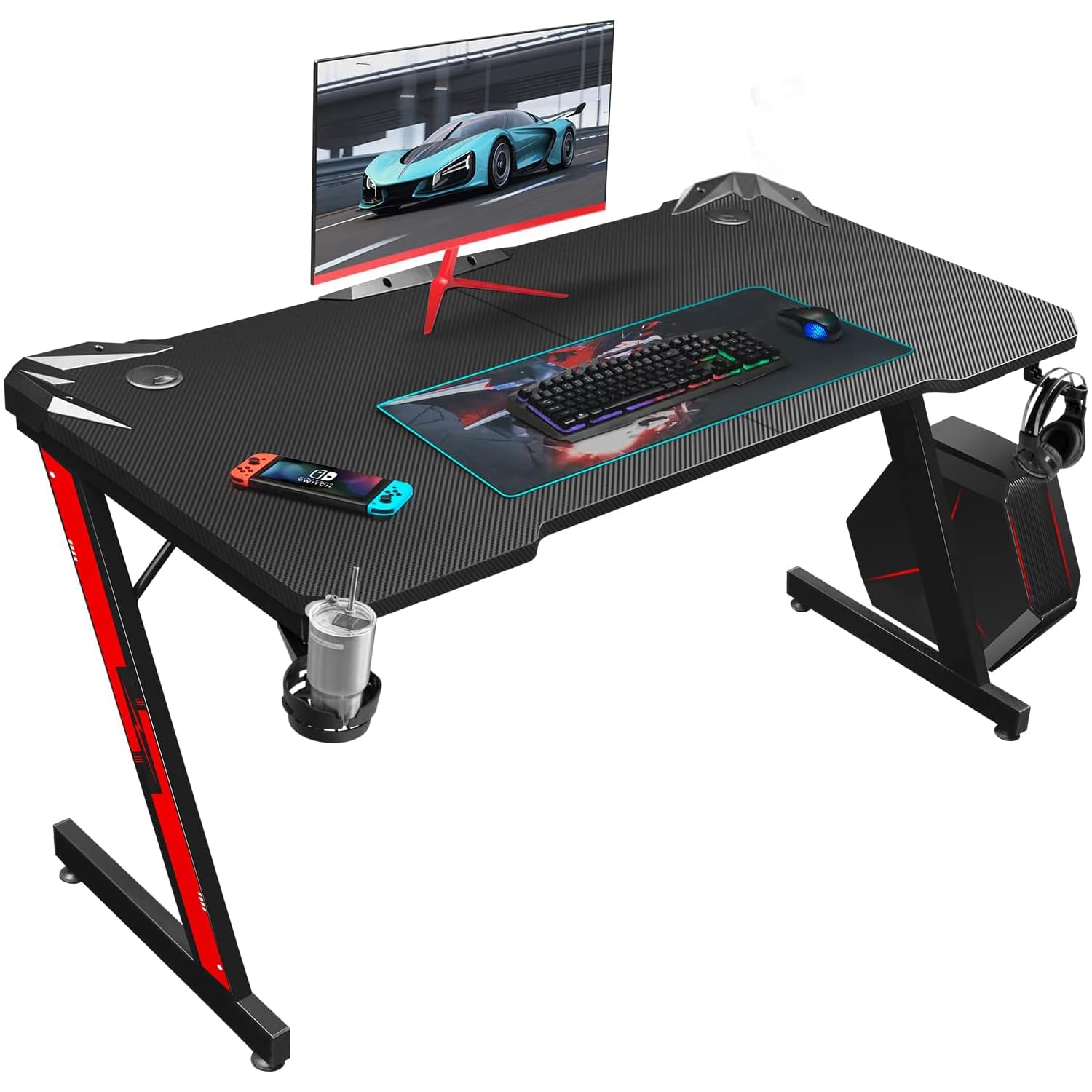 Carbon Fiber Gaming Desk with Cup Holder and Headphone Hook