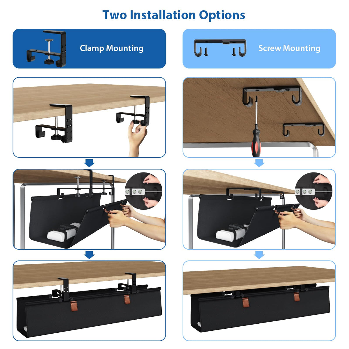 Under Desk Cable Management Tray with Fabric Cord Organizer
