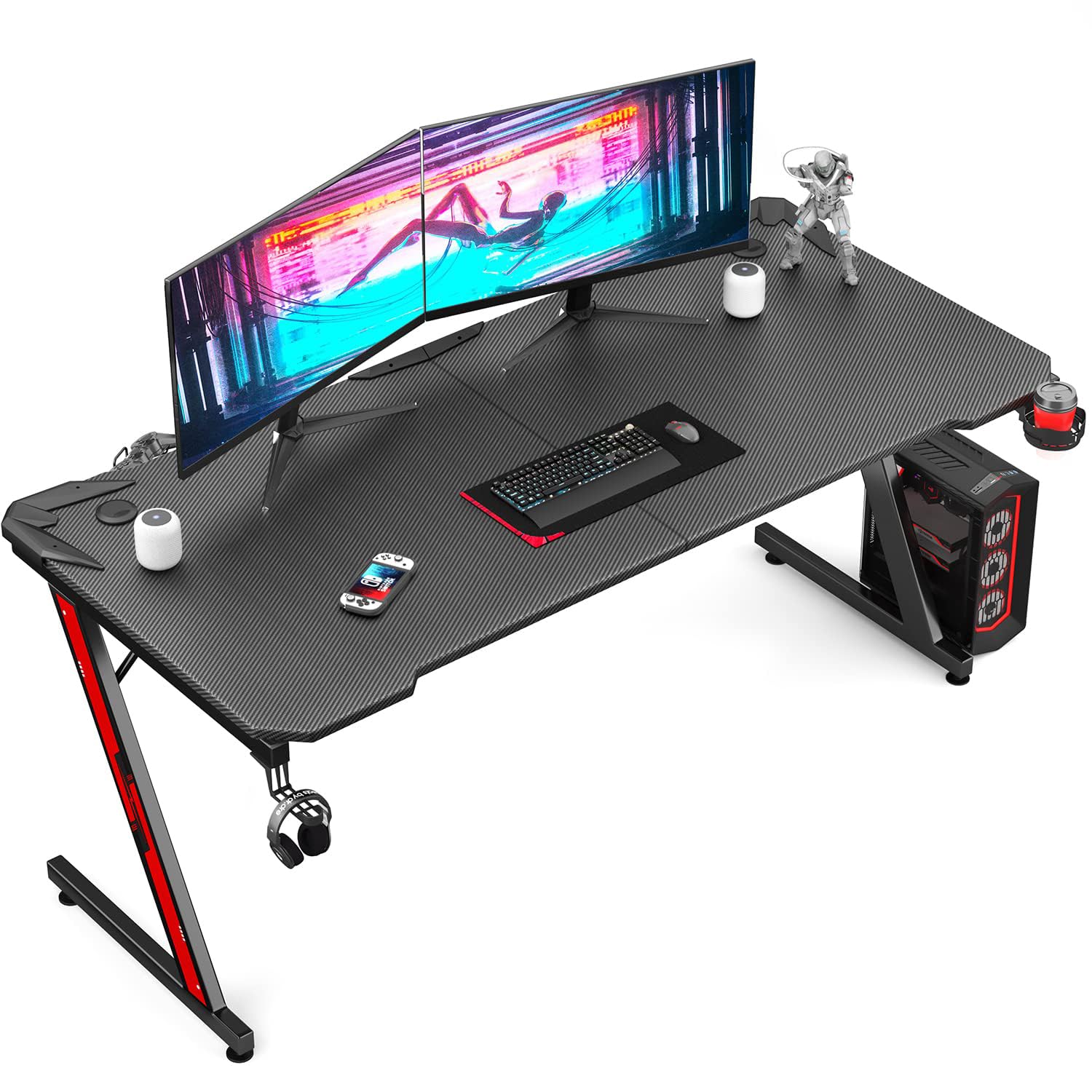 Carbon Fiber Gaming Desk with Cup Holder and Headphone Hook