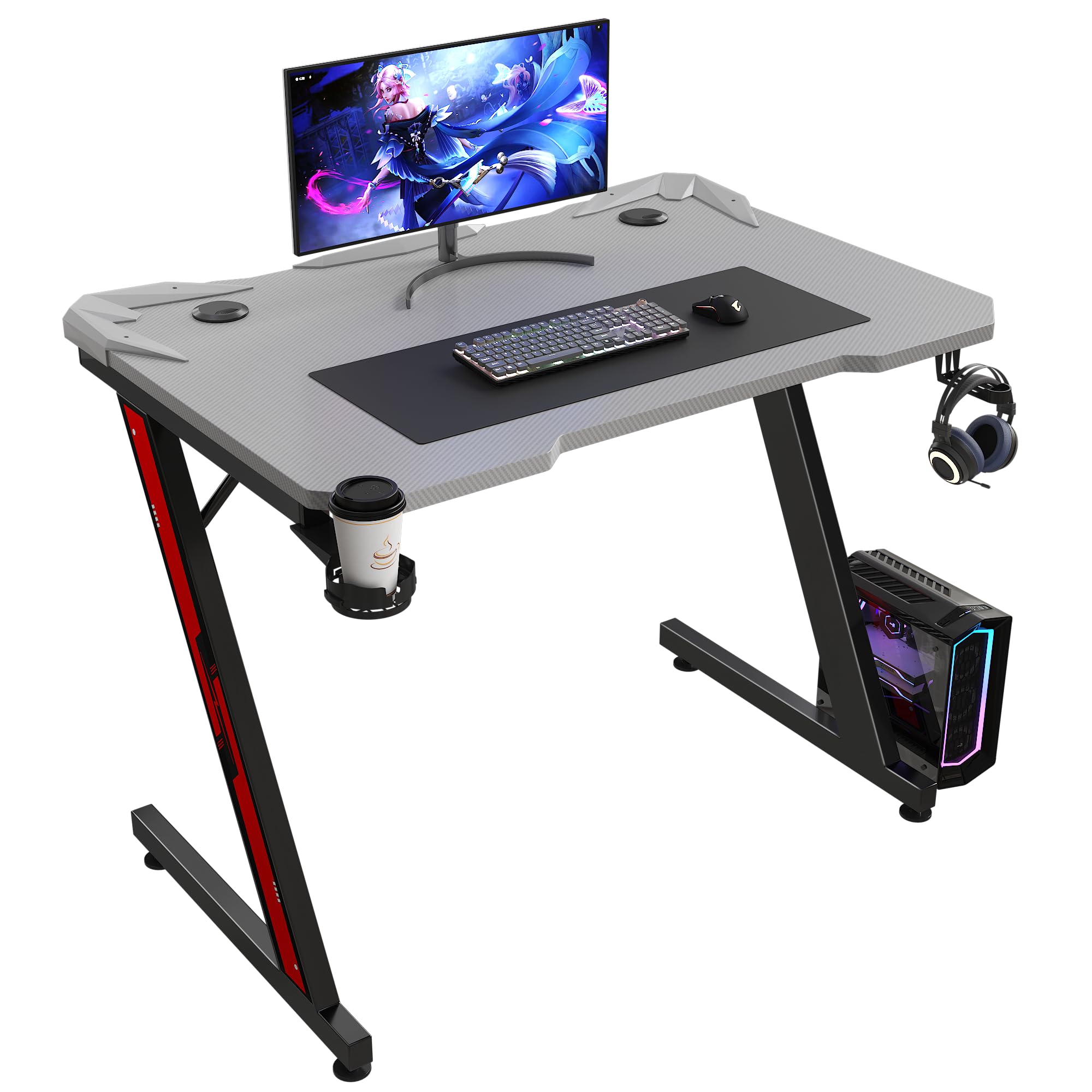 Carbon Fiber Gaming Desk with Cup Holder and Headphone Hook