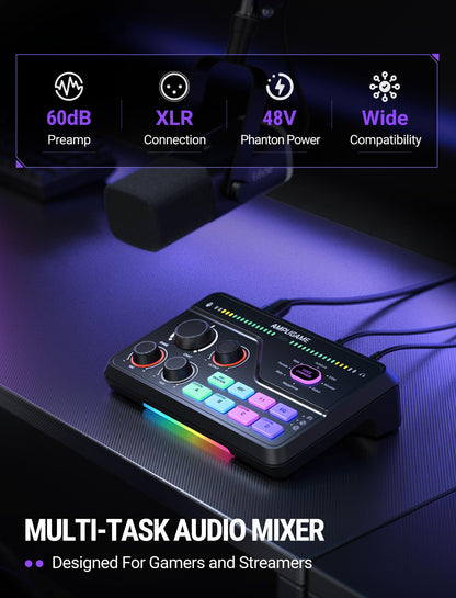 RGB Gaming Audio Mixer with Voice Control and XLR Support