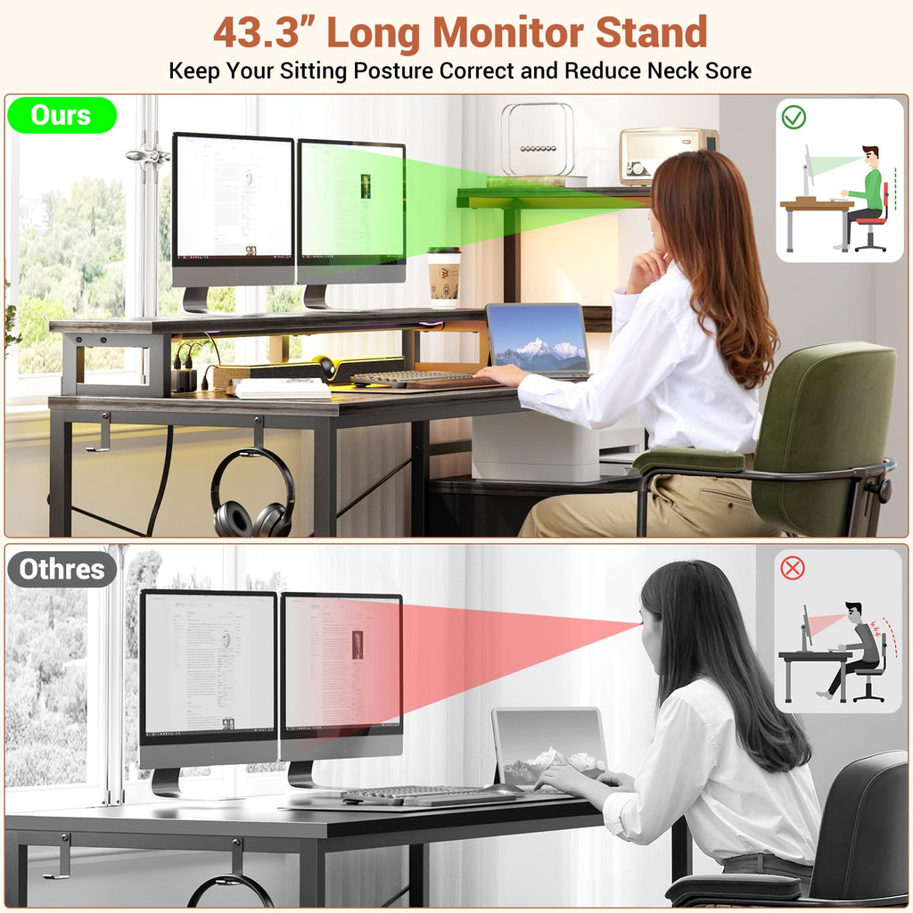 LED Gaming Desk with Power Outlet and Monitor Stand