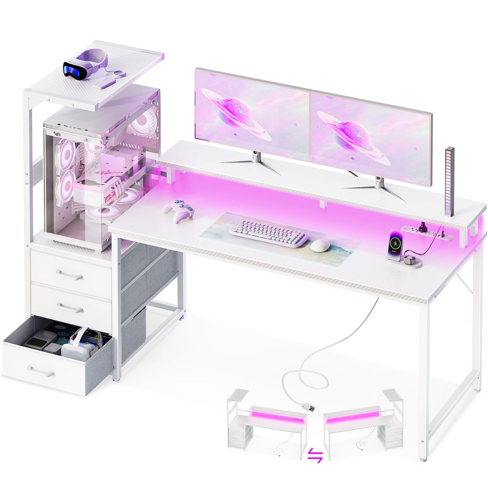 Casaottima H Shaped Gaming Desk with 3 Drawers and LED Lights