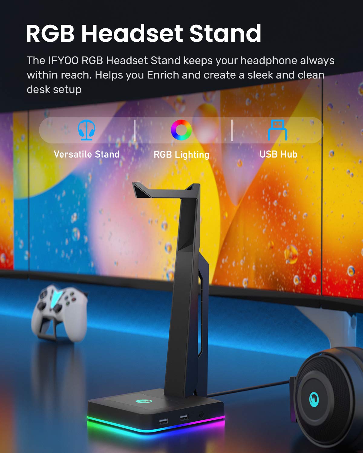 RGB Gaming Headset Stand with USB Ports and Headphone Holder