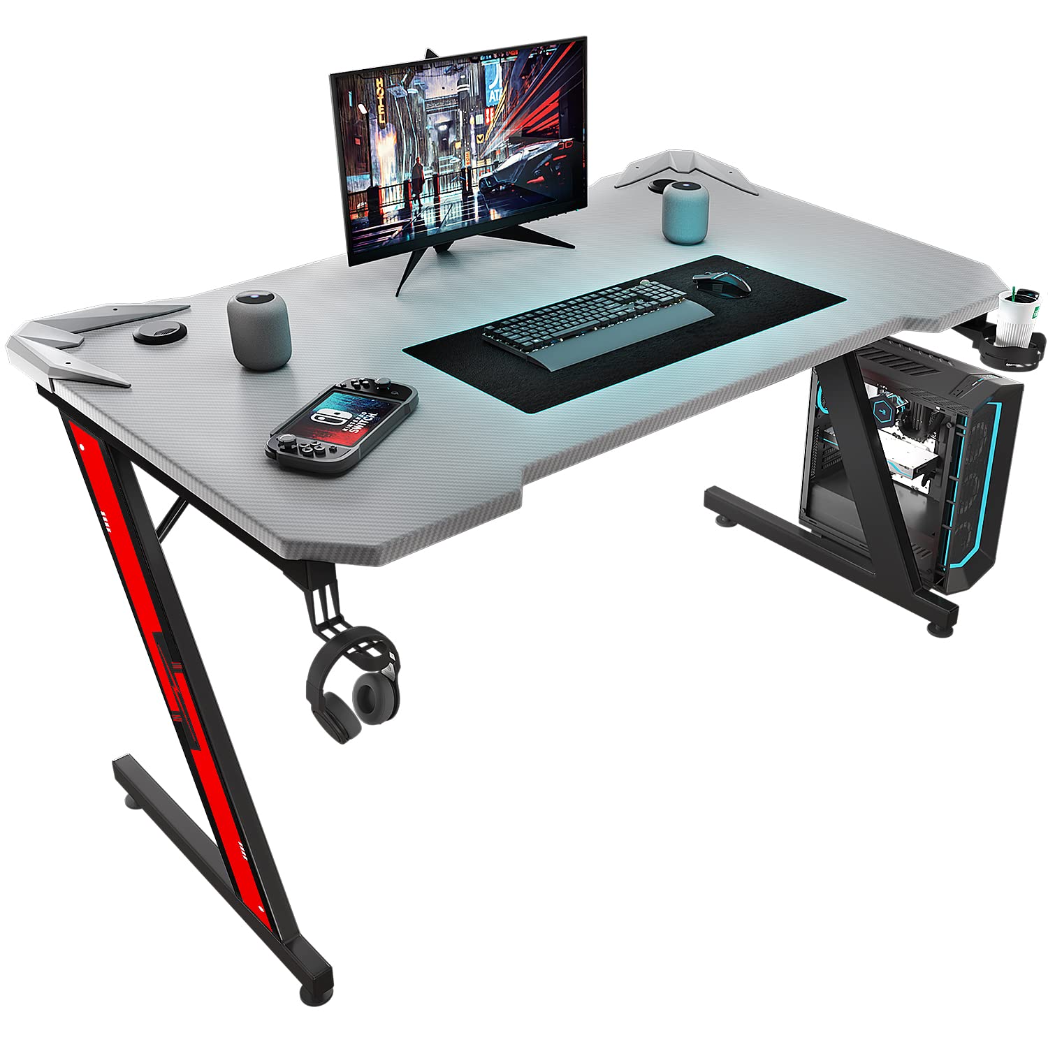 Carbon Fiber Gaming Desk with Cup Holder and Headphone Hook