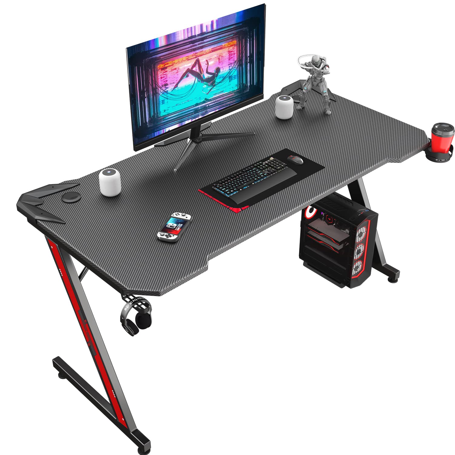 Carbon Fiber Gaming Desk with Cup Holder and Headphone Hook