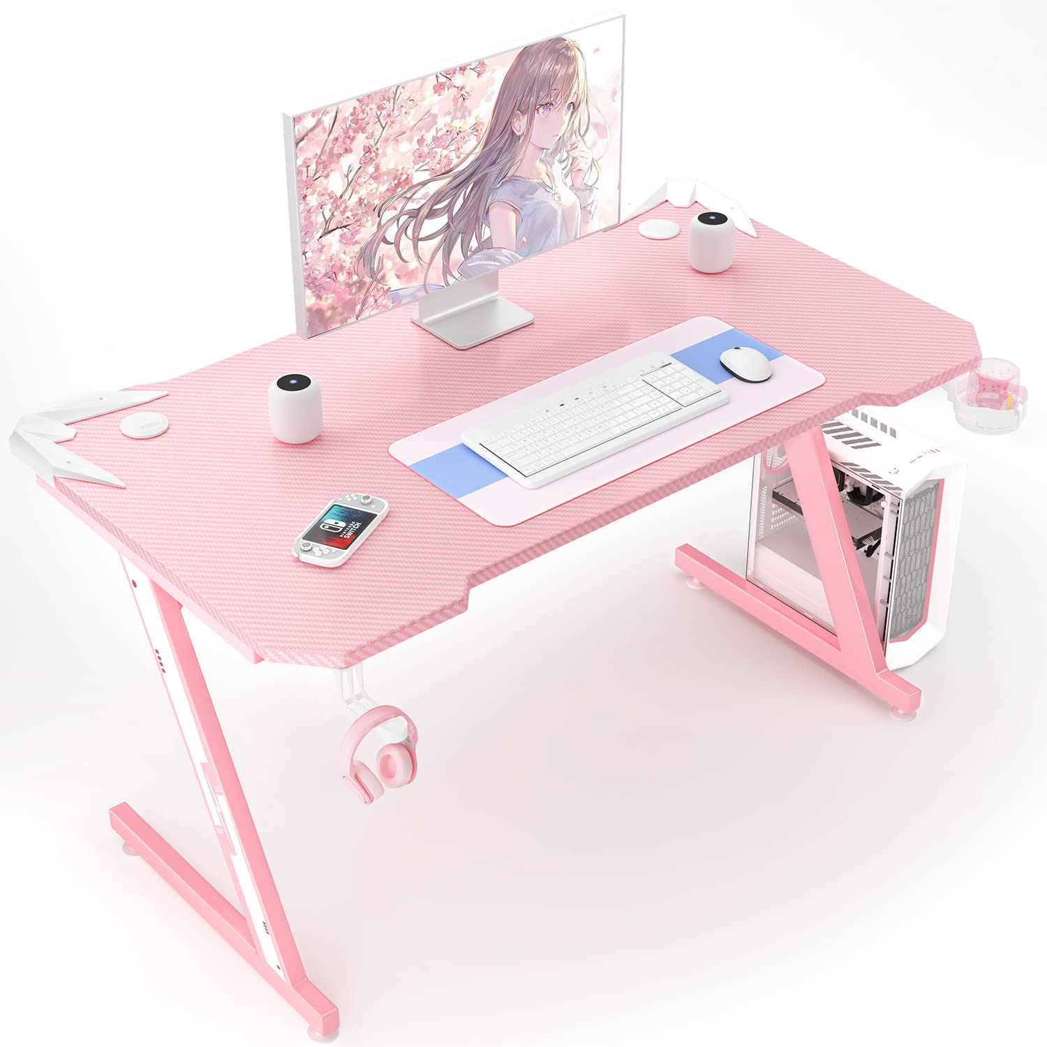 Carbon Fiber Gaming Desk with Cup Holder and Headphone Hook