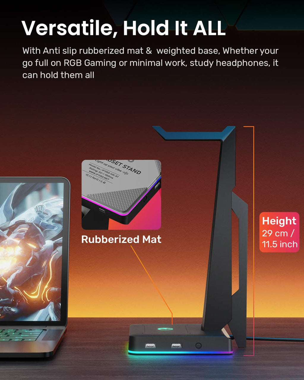 RGB Gaming Headset Stand with USB Ports and Headphone Holder