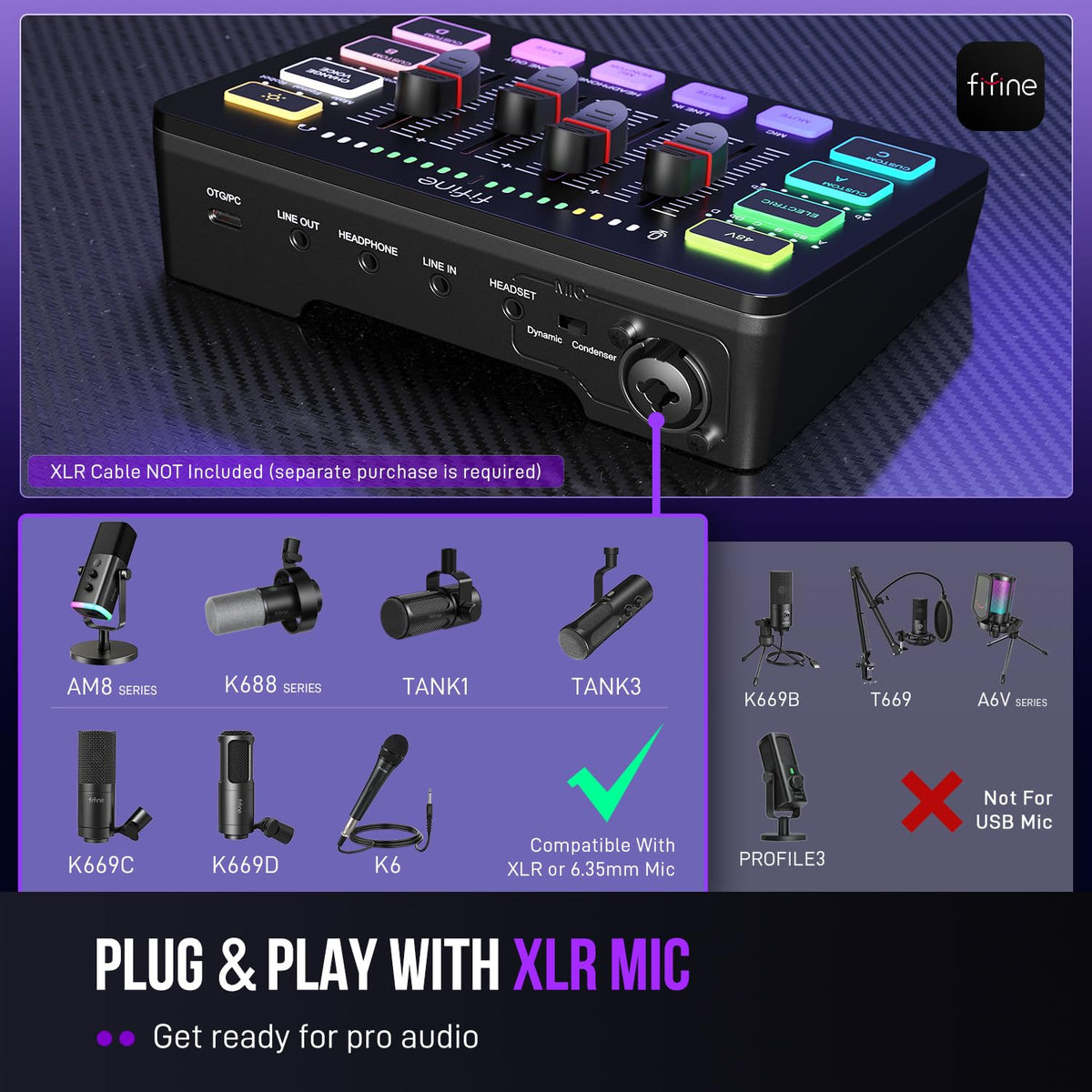 RGB Gaming Audio Mixer with XLR Interface and Voice Controls