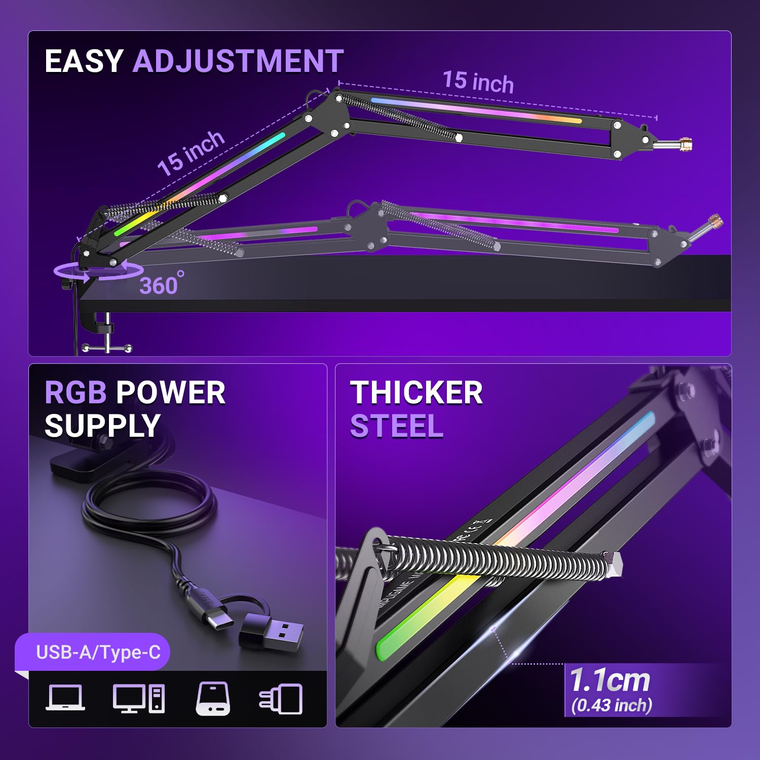 RGB Adjustable Microphone Boom Arm for Streaming and Gaming