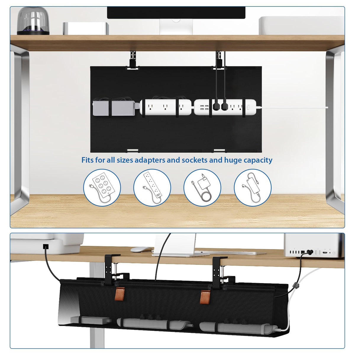 Under Desk Cable Management Tray with Fabric Cord Organizer