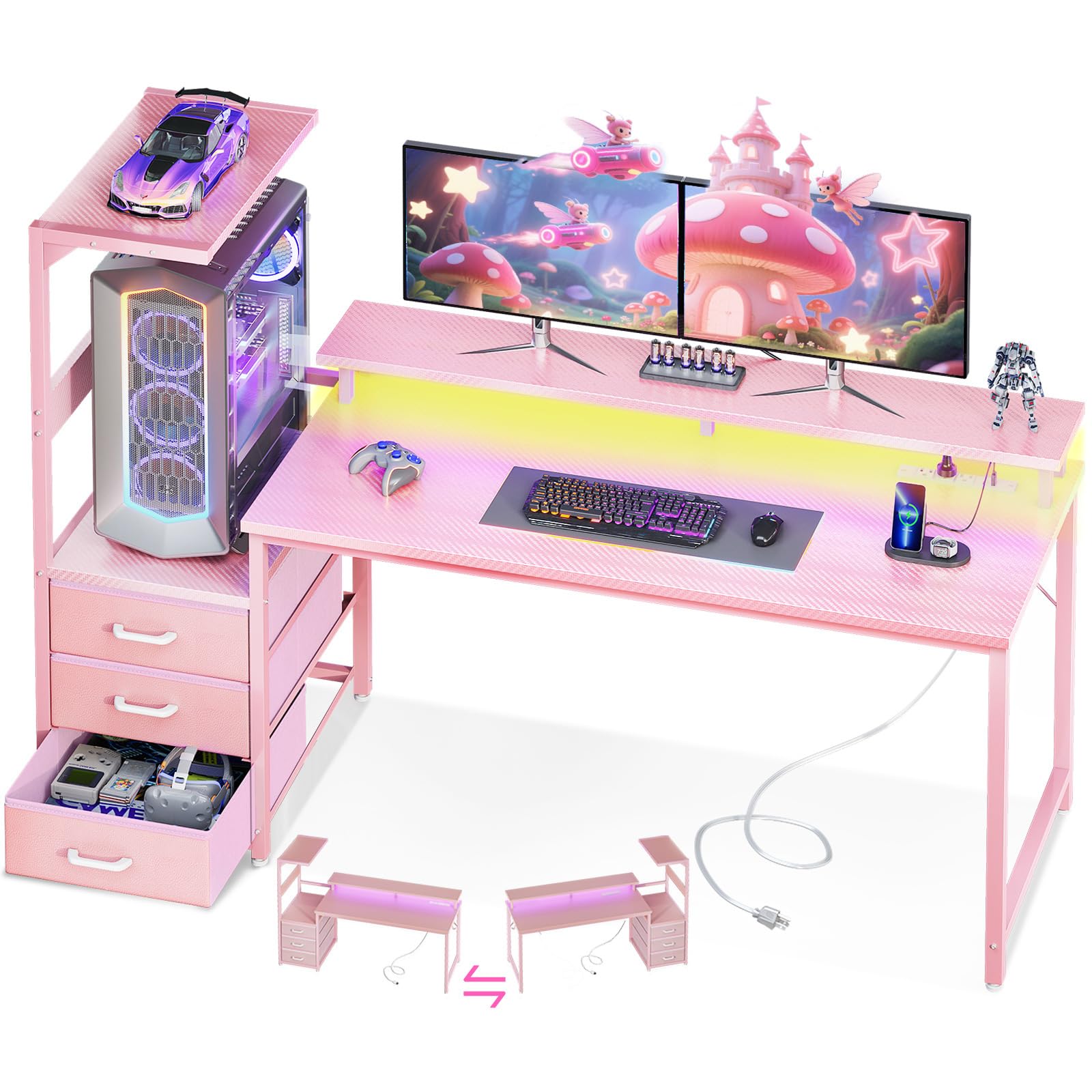 RGB Gaming Desk with USB Charging and Storage Shelves