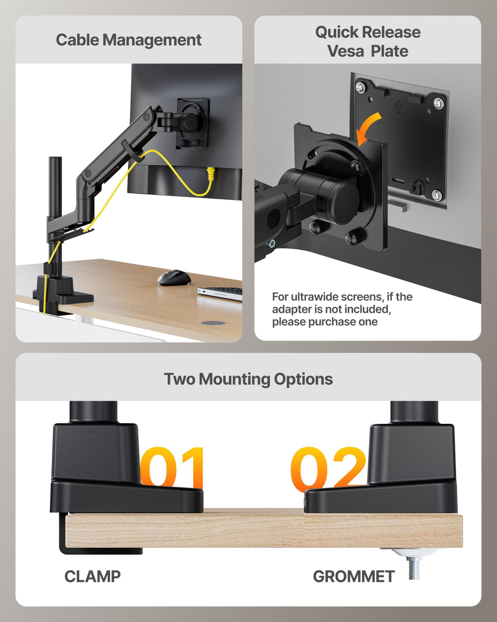monTEK 17-57 Inch Ultrawide Monitor Arm for Up to 59.4lbs Screens