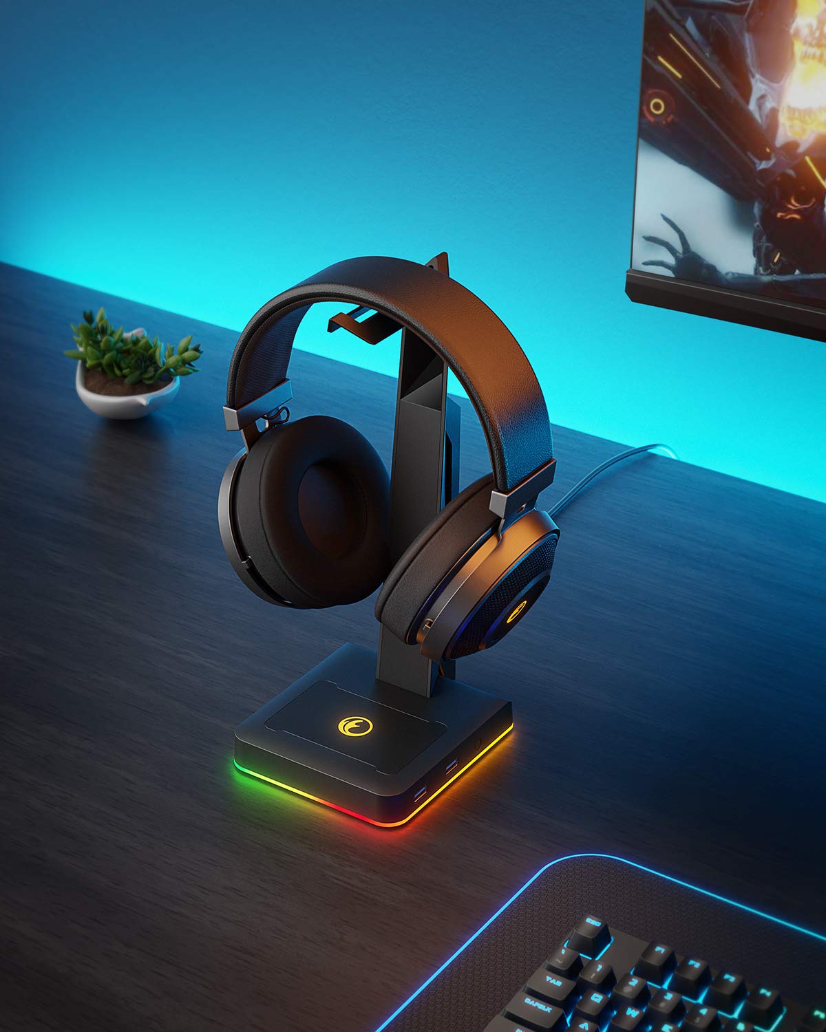 RGB Gaming Headset Stand with USB Ports and Headphone Holder