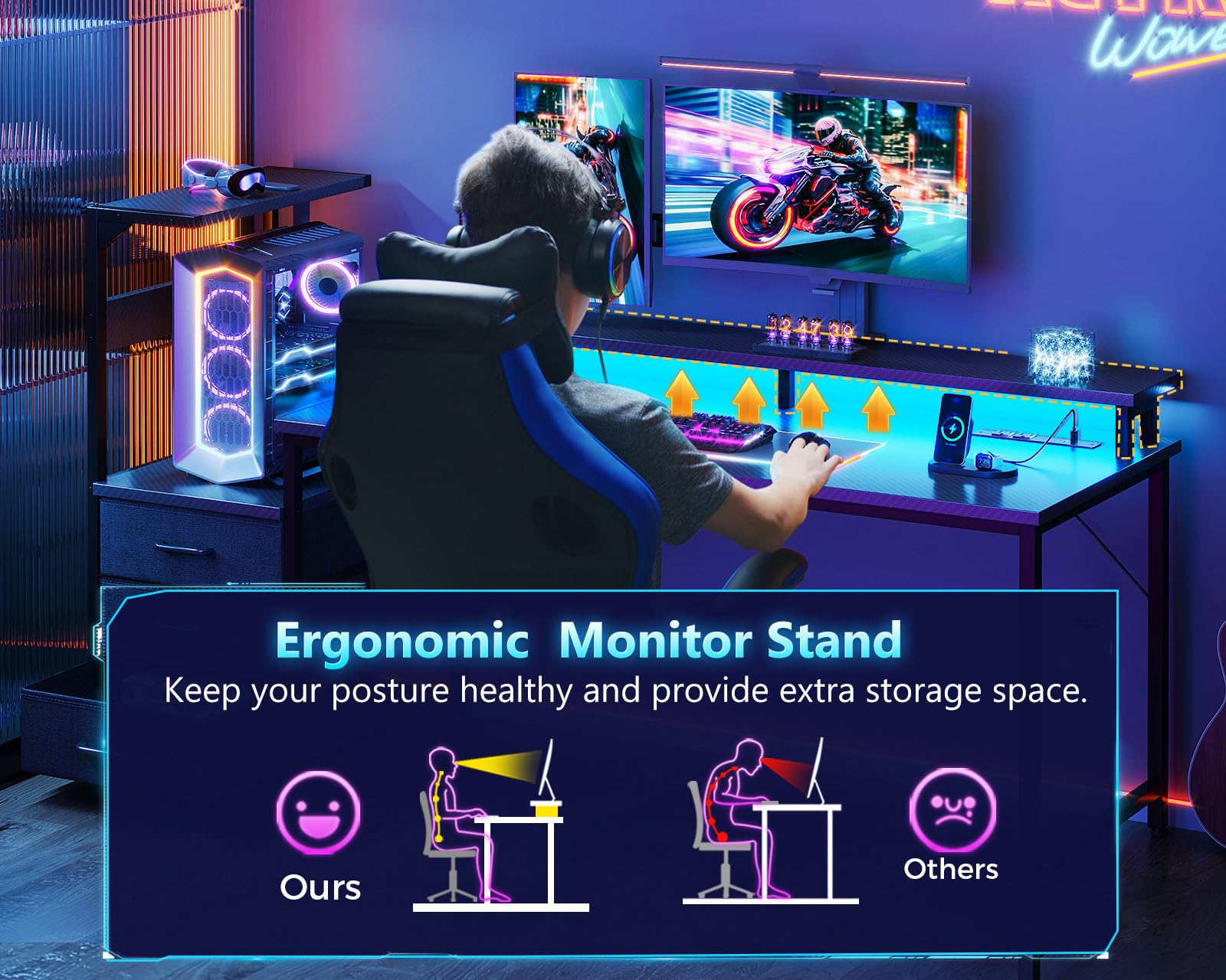Casaottima H Shaped Gaming Desk with 3 Drawers and LED Lights