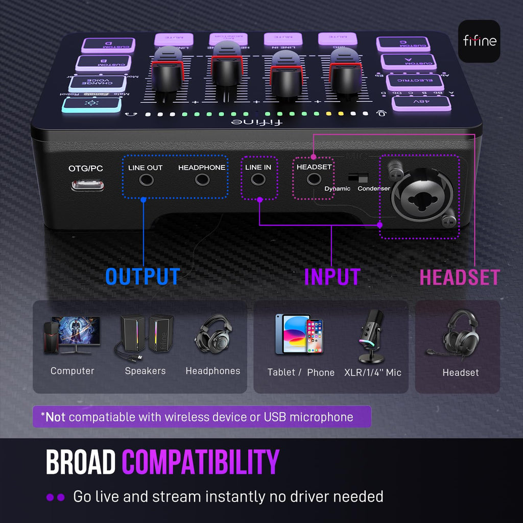 RGB Gaming Audio Mixer with XLR Interface and Voice Controls