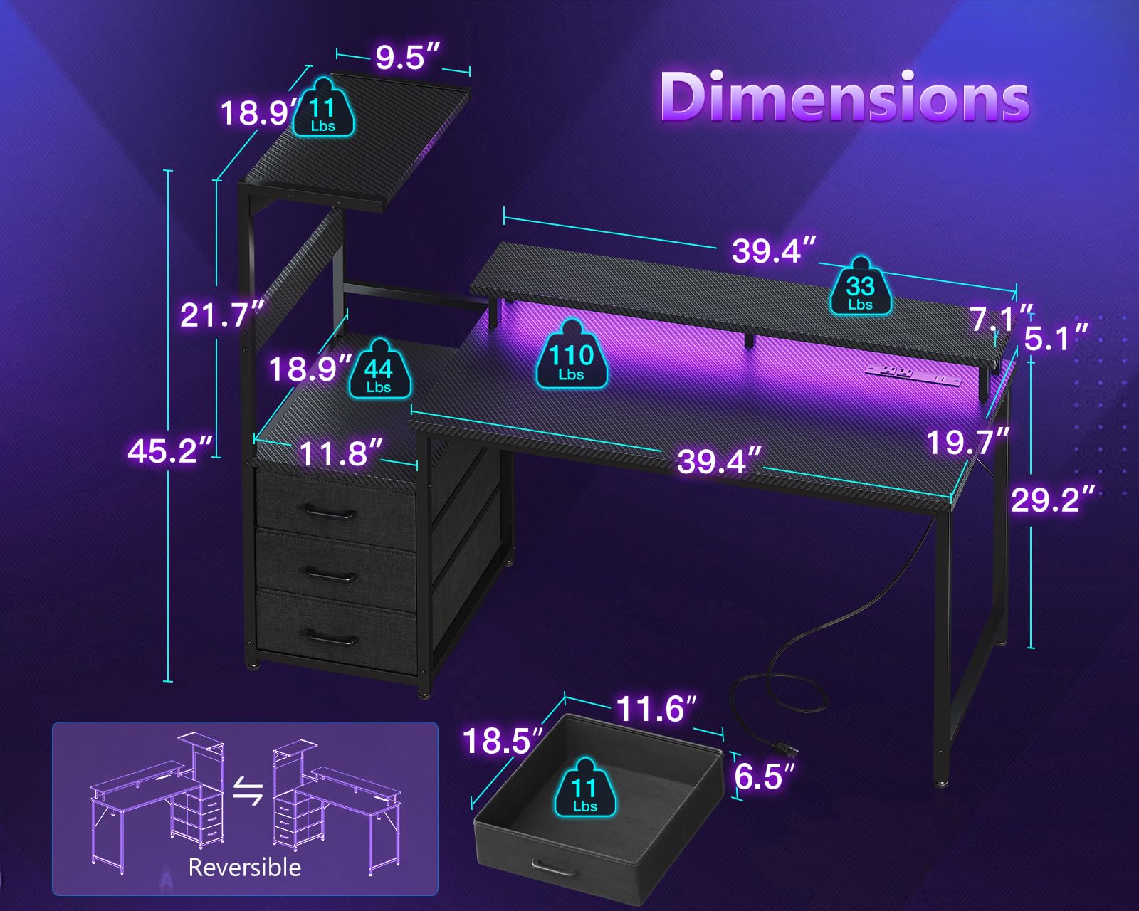 Casaottima H Shaped Gaming Desk with 3 Drawers and LED Lights