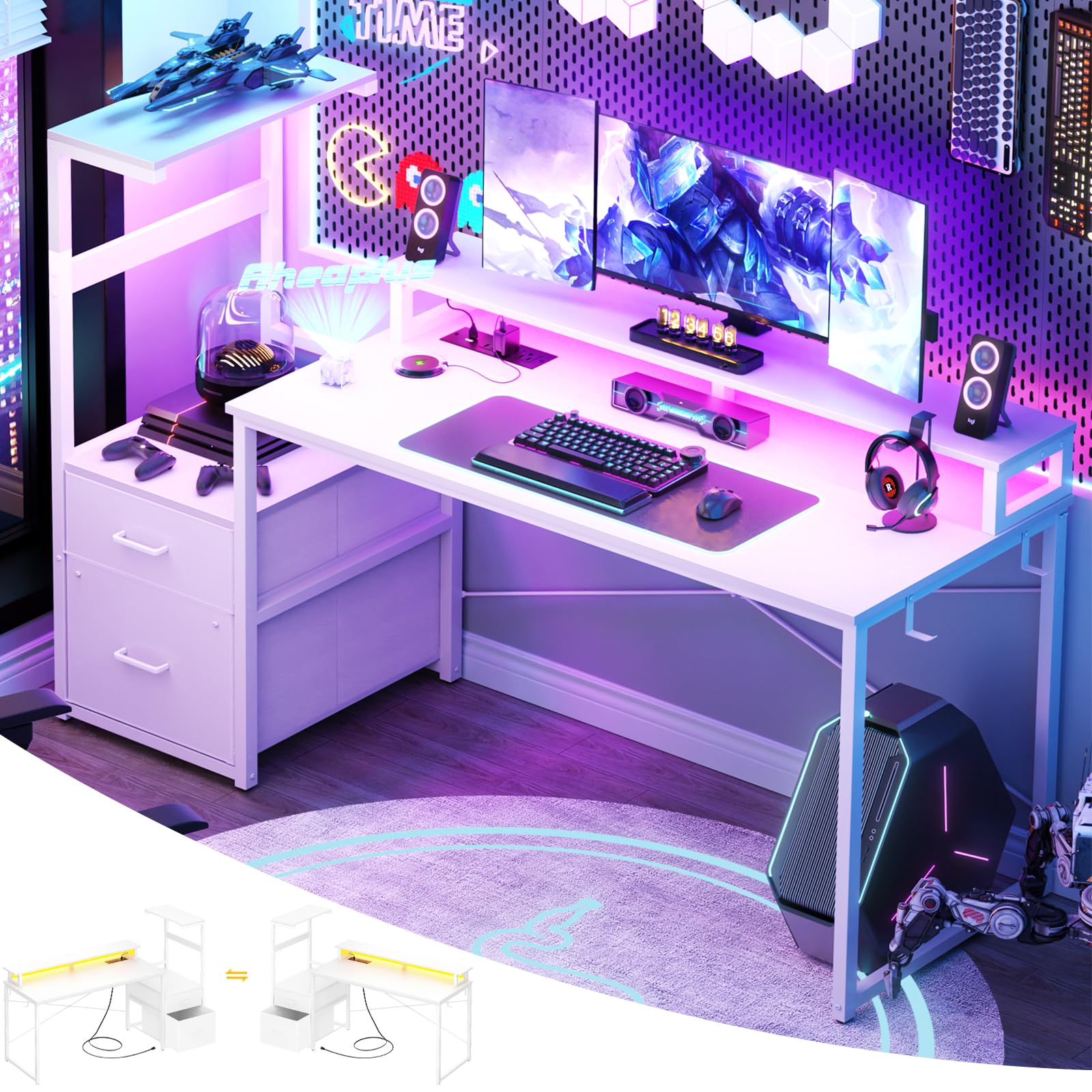 LED Gaming Desk with Power Outlet and Monitor Stand
