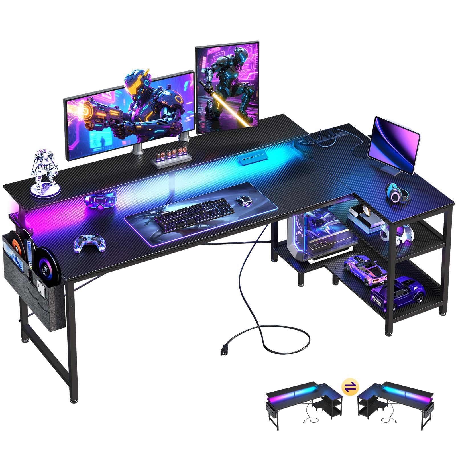 ODK Small L Shaped Desk-USB Port & LED Lights