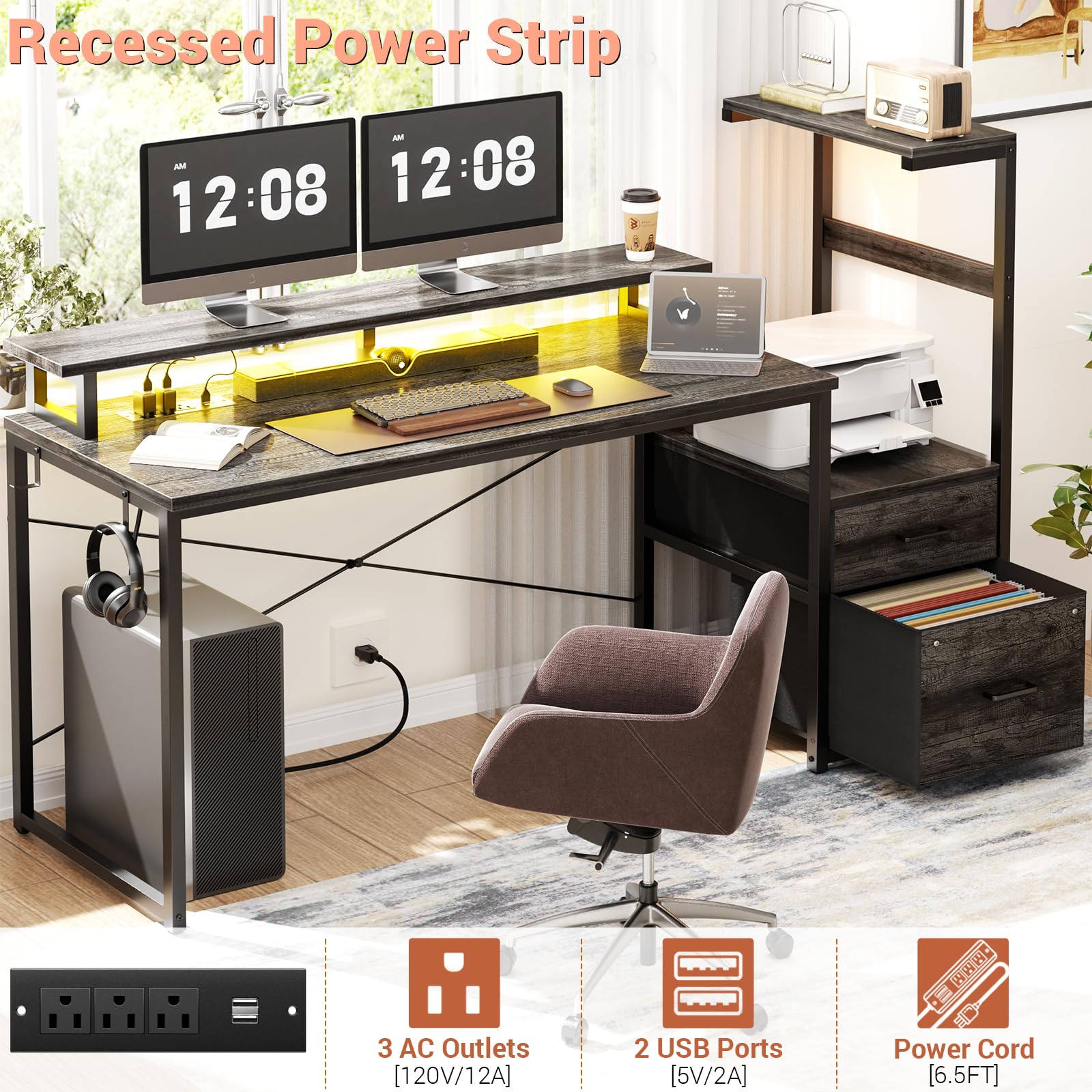 LED Gaming Desk with Power Outlet and Monitor Stand