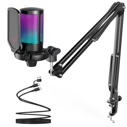 USB Condenser Gaming Microphone with Boom Arm and Pop Filter