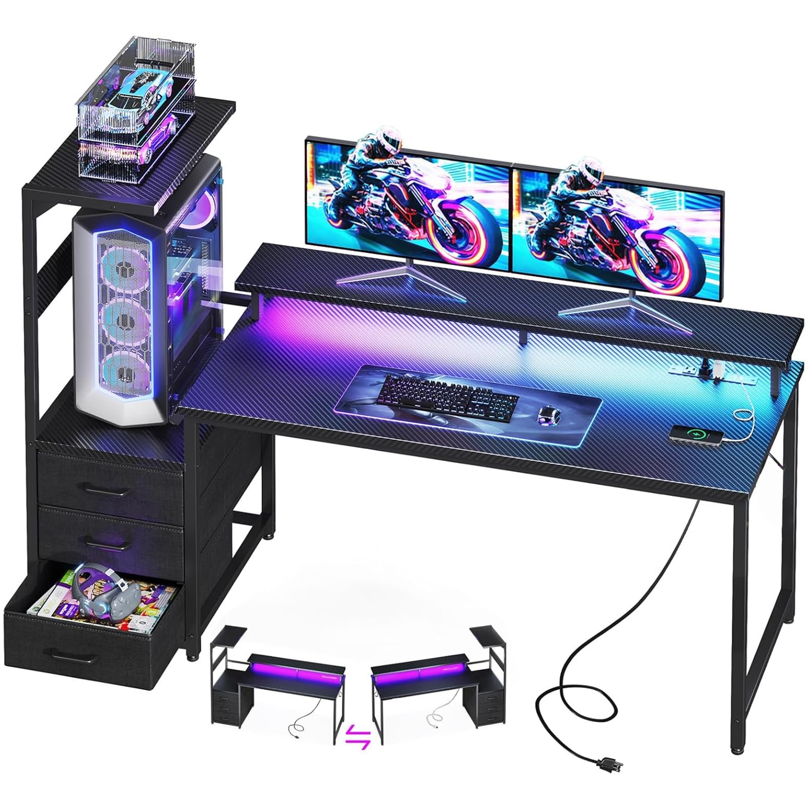 Casaottima H Shaped Gaming Desk with 3 Drawers and LED Lights