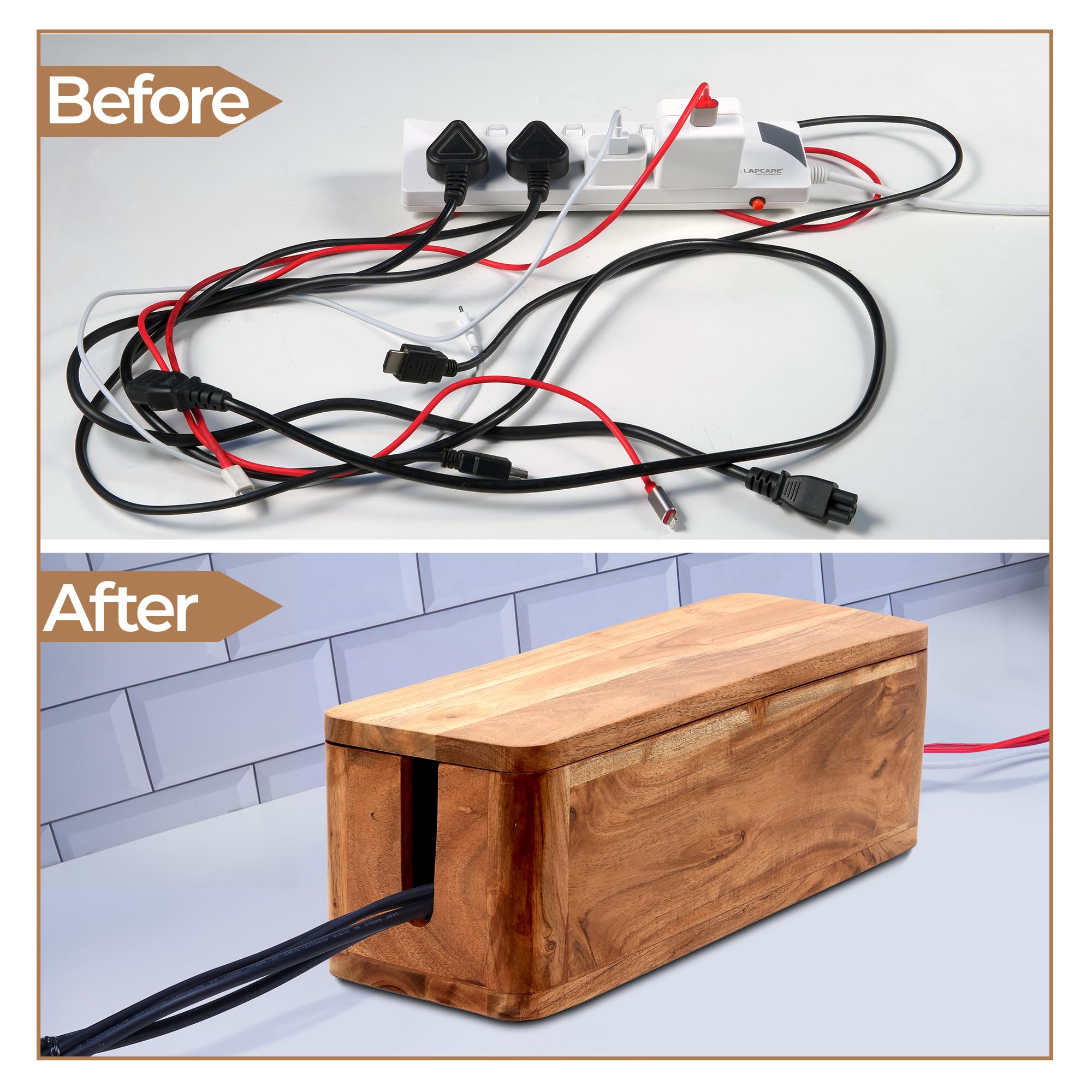 Wood Cable Management Box with Desk Wire Organizer