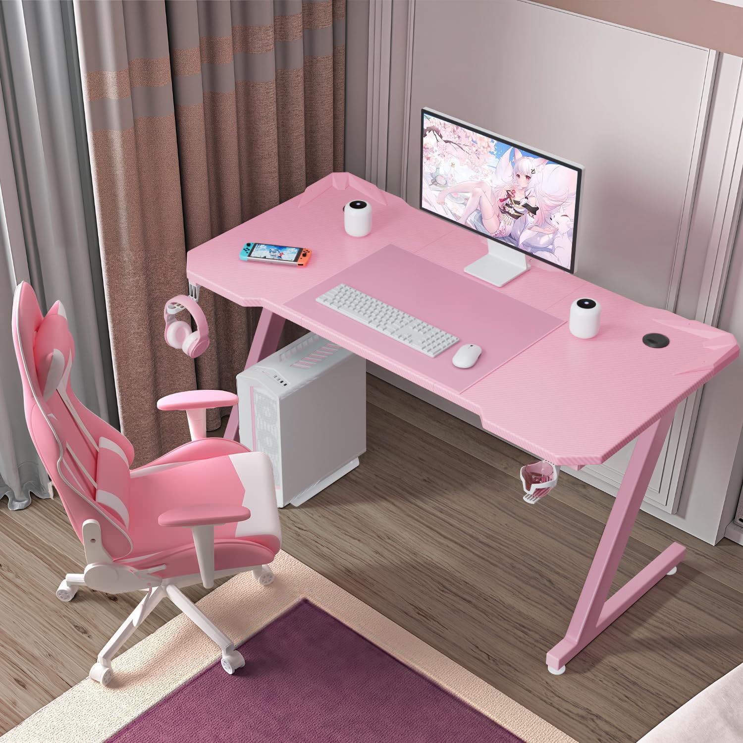 Carbon Fiber Gaming Desk with Cup Holder and Headphone Hook