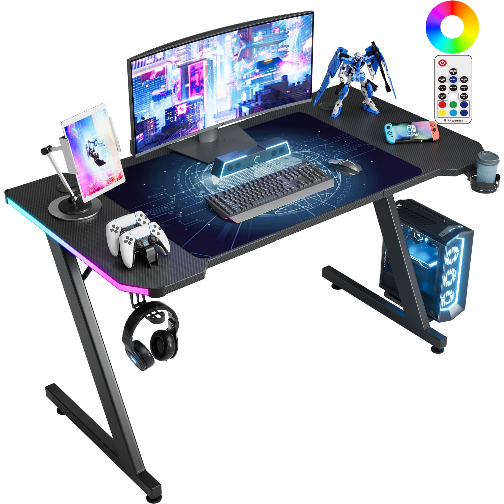 Carbon Fiber Gaming Desk with Cup Holder and Headphone Hook