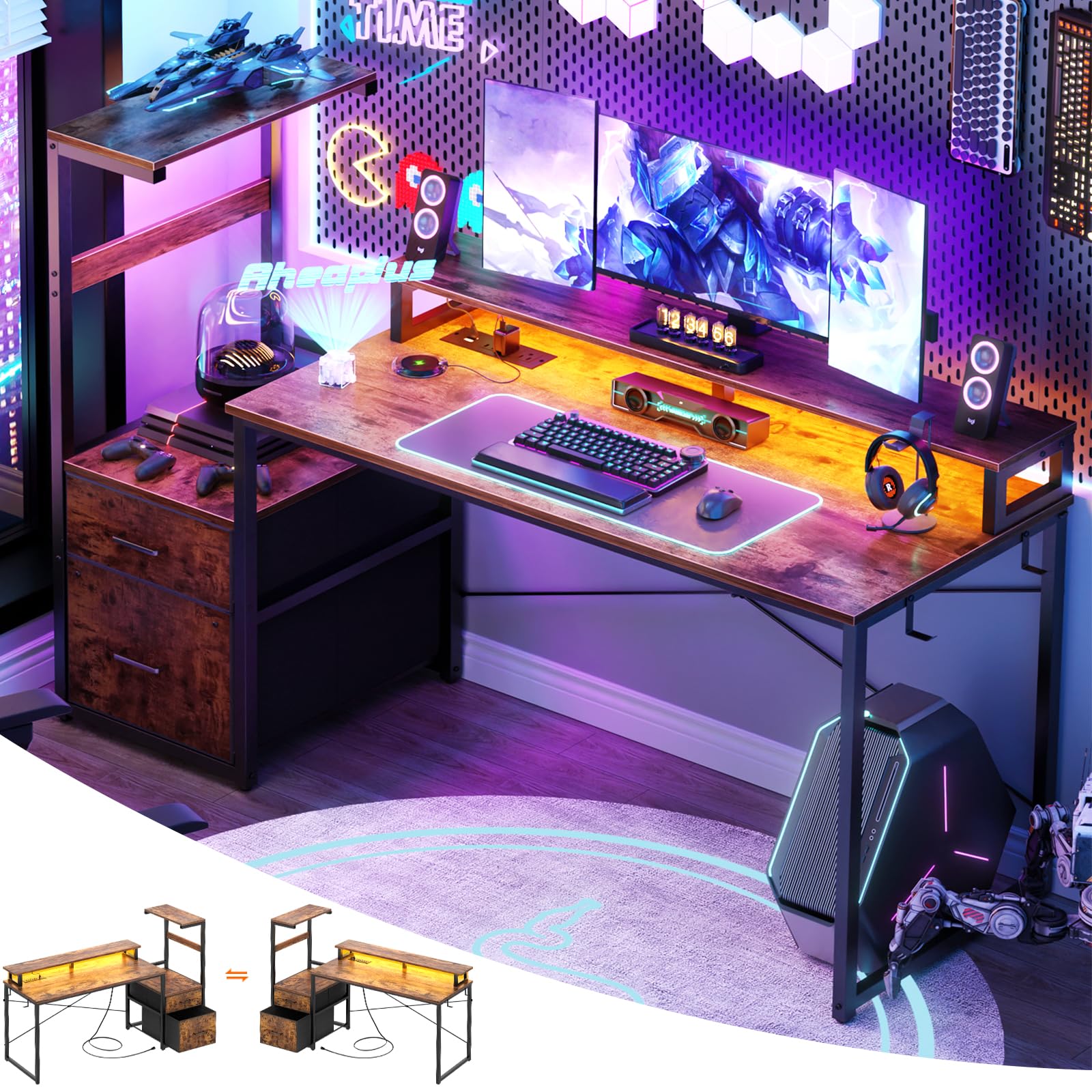 LED Gaming Desk with Power Outlet and Monitor Stand