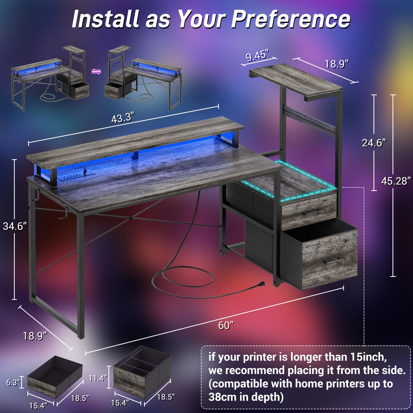 LED Gaming Desk with Power Outlet and Monitor Stand