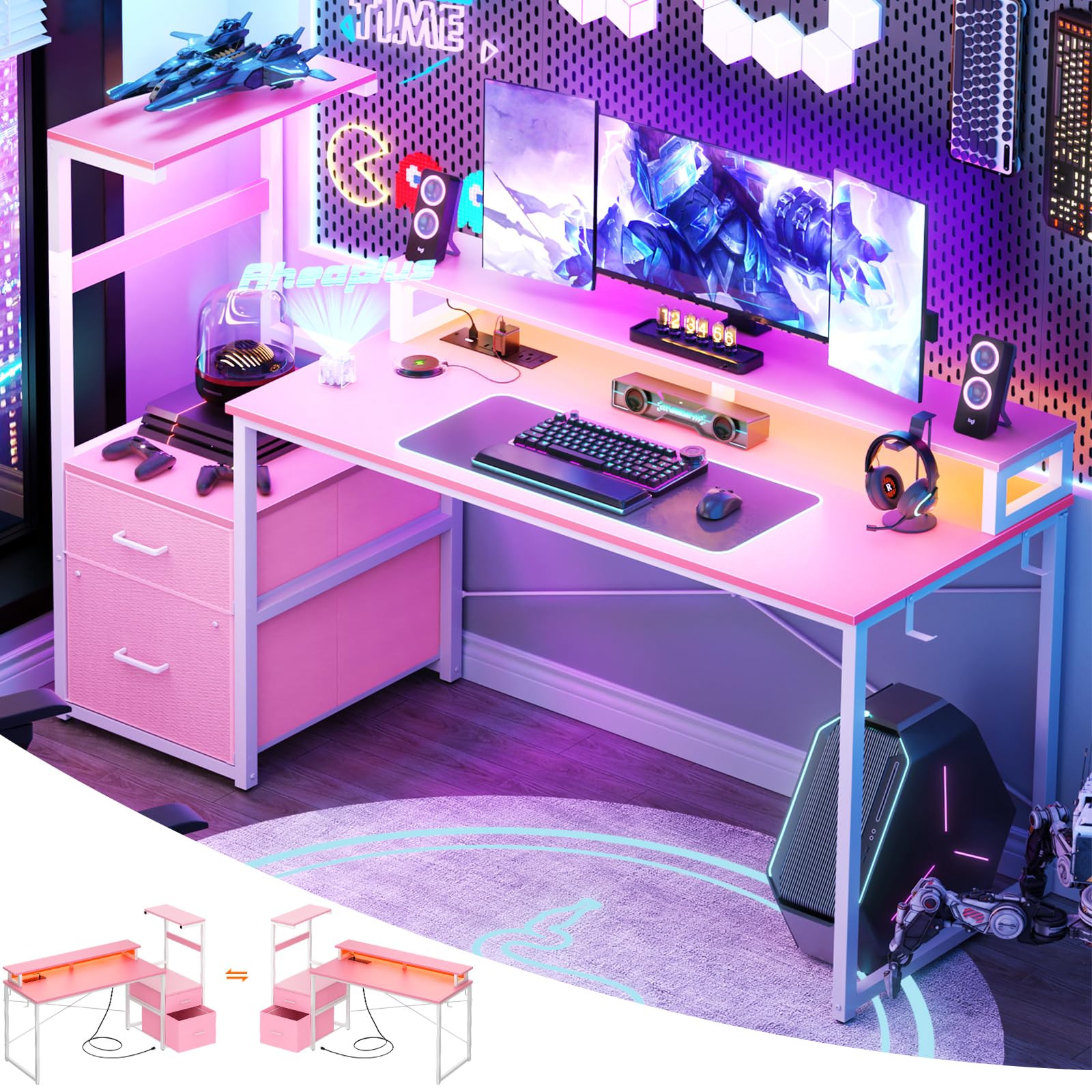 LED Gaming Desk with Power Outlet and Monitor Stand