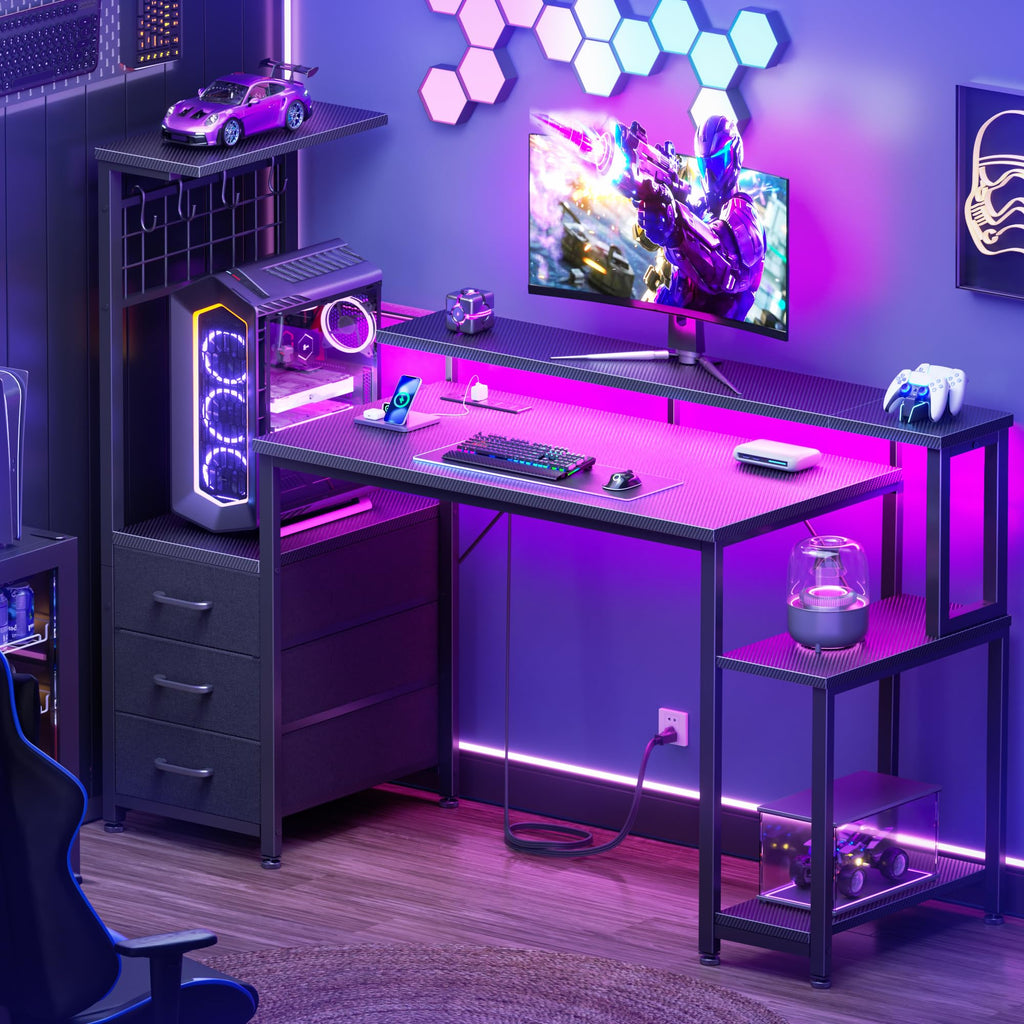 Korfile Gaming Desk with LED Lights & Power Outlet