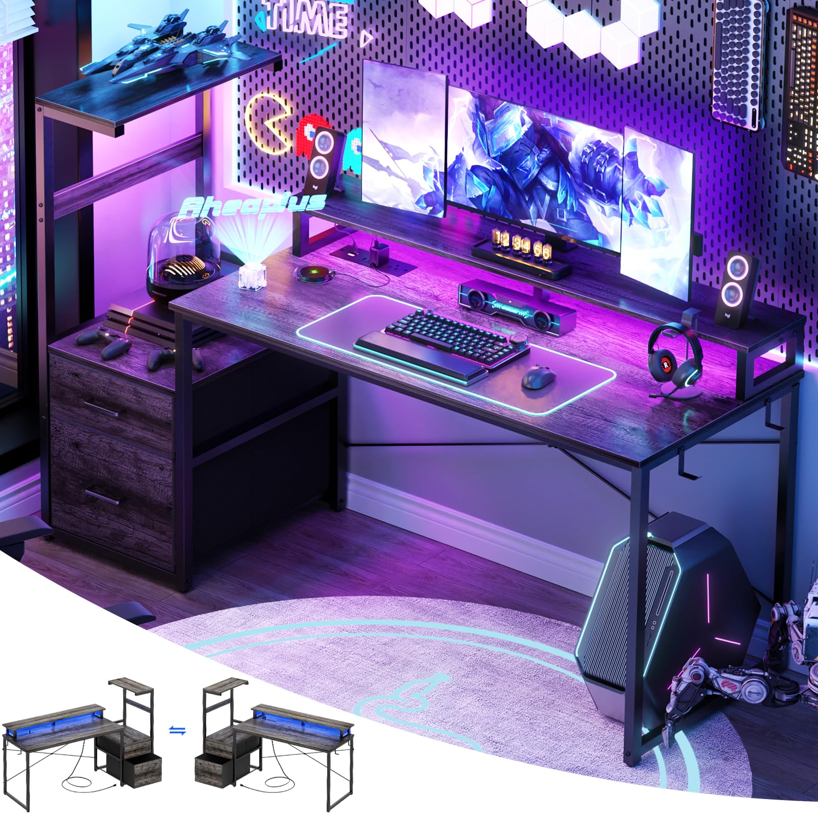 LED Gaming Desk with Power Outlet and Monitor Stand